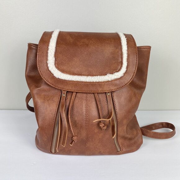 Cognac Backpack Bag Shearling Faux Leather Vegan Western Boho Festival NWT